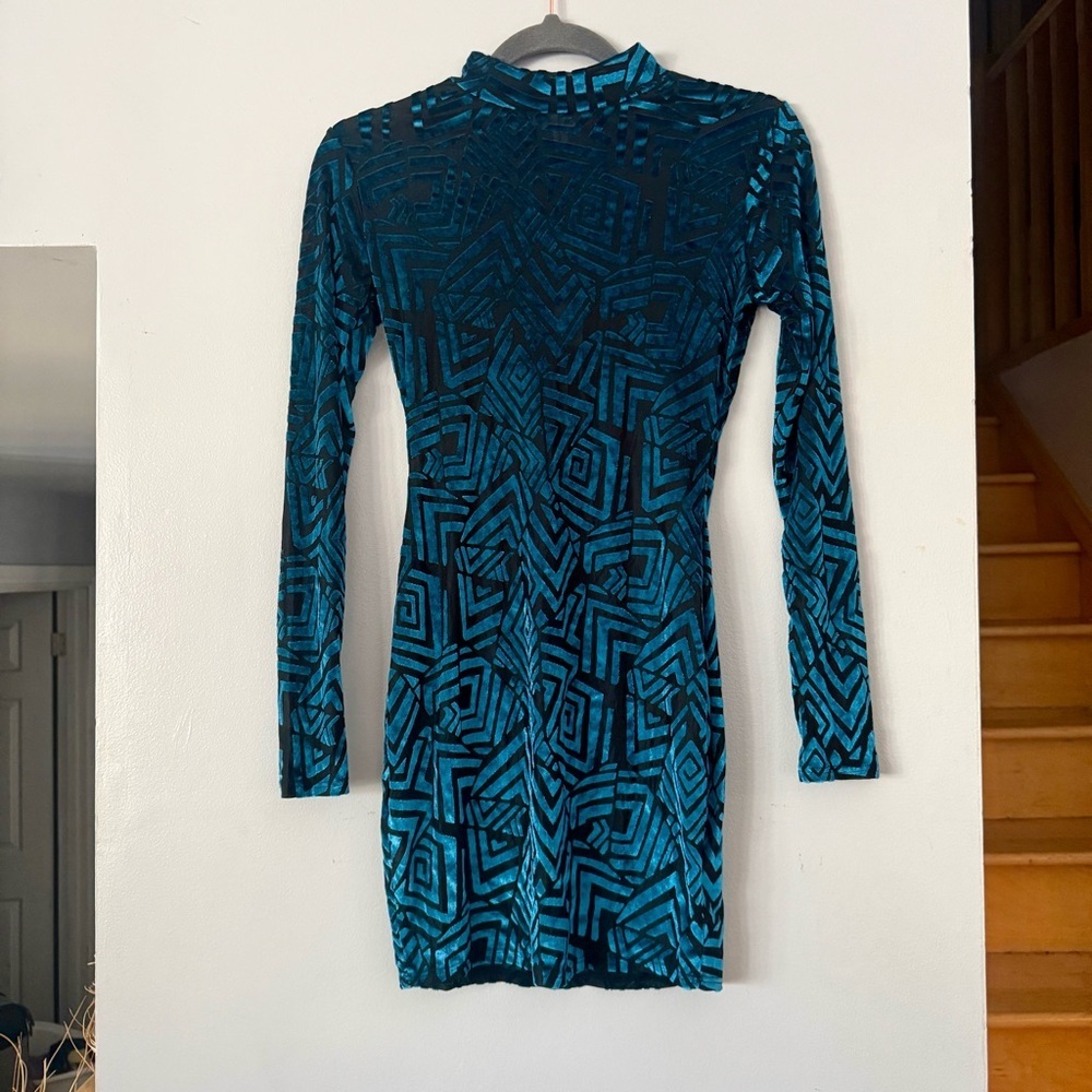 Fashion Nova Teal Velvet Burnout Mini Dress 🌀 Whimsigoth / Y2K Geometric Bodycon